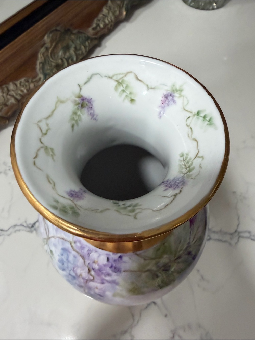 Purple Floral Porcelain Vase with Gold Accents - Picture 3 of 4